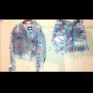 Two piece graffiti distressed denim